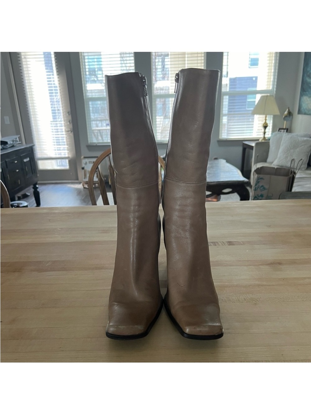 Women's Knee-High Square-Toe Leather Boots in Taupe